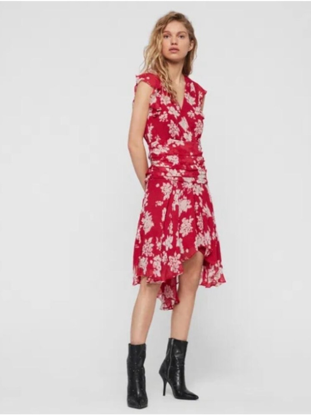 All Saints Red/ Raspberry Floral High-Low Wrap Dress, size US4